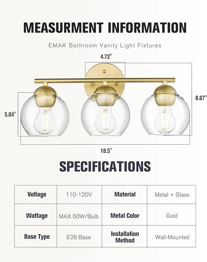 Emak 3-Light Gold Bathroom Light Fixtures Over Mirror, Globe Clear Glass Bathroom Vanity Lights, VL114-GDL-3