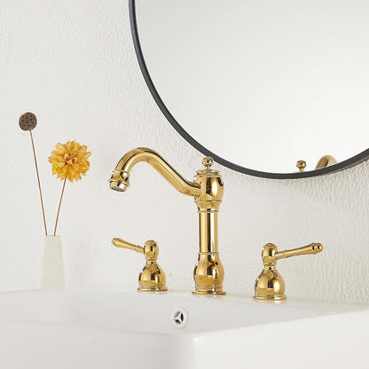2 Handles 3 Holes Faucet Widespread Bathroom Sink Faucet Basin Tap Mixer Supply Hose Included Matching Pop Up Drain Polished Gold