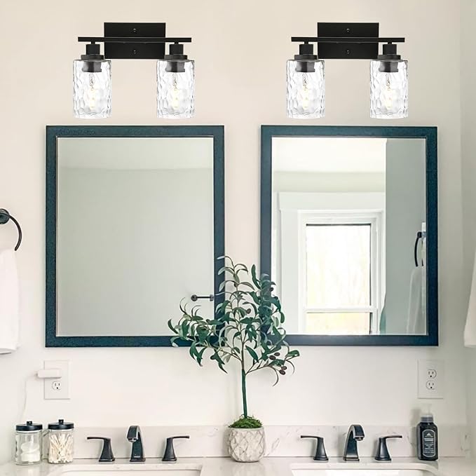 MELUCEE Indoor Wall Sconce Lighting 2-Light Black with Clear Hammered Glass | Modern Bathroom Vanity Light Fixtures Wall Lamp for Mirror Cabinets Powder Room (Patent No.: US D963914 S)