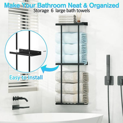 Towel Rack for Bathroom, Wall Mounted Vertical Rolled Towel Storage Organizer Holder with Shelf, Holds Up 6 Large Bath Sheets, Black Large Size