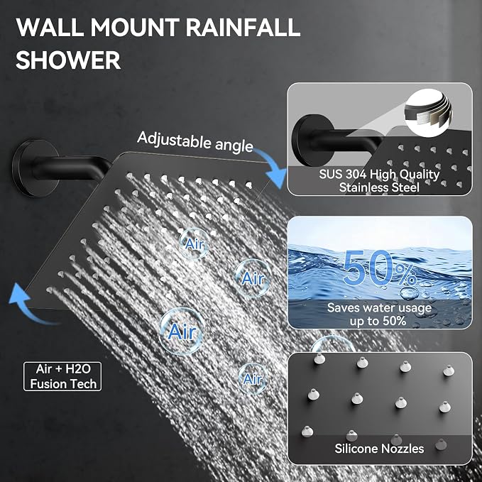 Shower System with Body Jets, Bostingner Four Modes Shower Faucet Sets with Handheld Spray 2 Ways, 4Pcs Shower Body Jets in Wall,10"+6" Rain Shower Head, Matte Black Shower Sets Complete