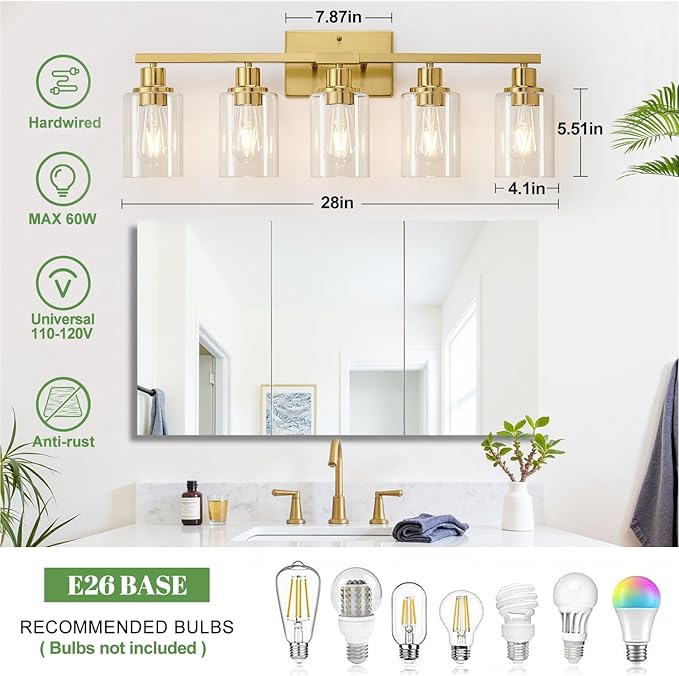 5-Light Bathroom Light Fixtures, Vanity Light with Clear Glass Shades, Brushed Gold Bathroom Light Fixtures Over Mirror, Modern Bathroom Wall Lamp for Mirror Living Room Cabinet Bedroom