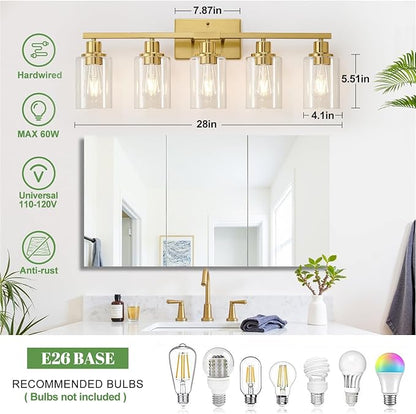 5-Light Bathroom Light Fixtures, Vanity Light with Clear Glass Shades, Brushed Gold Bathroom Light Fixtures Over Mirror, Modern Bathroom Wall Lamp for Mirror Living Room Cabinet Bedroom