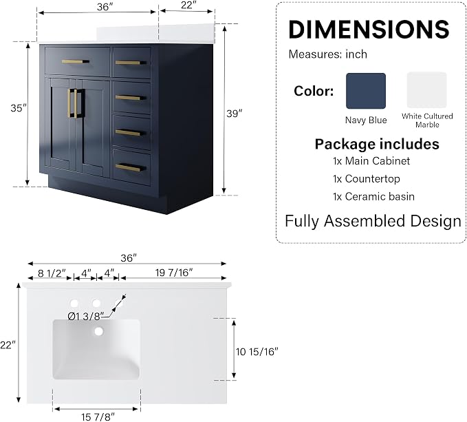 36-Inch Bathroom Vanity with Sink W/ 2 Doors & 4 Drawers & 1 Flip Drawer, Navy Blue Vanity W/Brushed Gold Handles