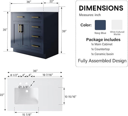 36-Inch Bathroom Vanity with Sink W/ 2 Doors & 4 Drawers & 1 Flip Drawer, Navy Blue Vanity W/Brushed Gold Handles