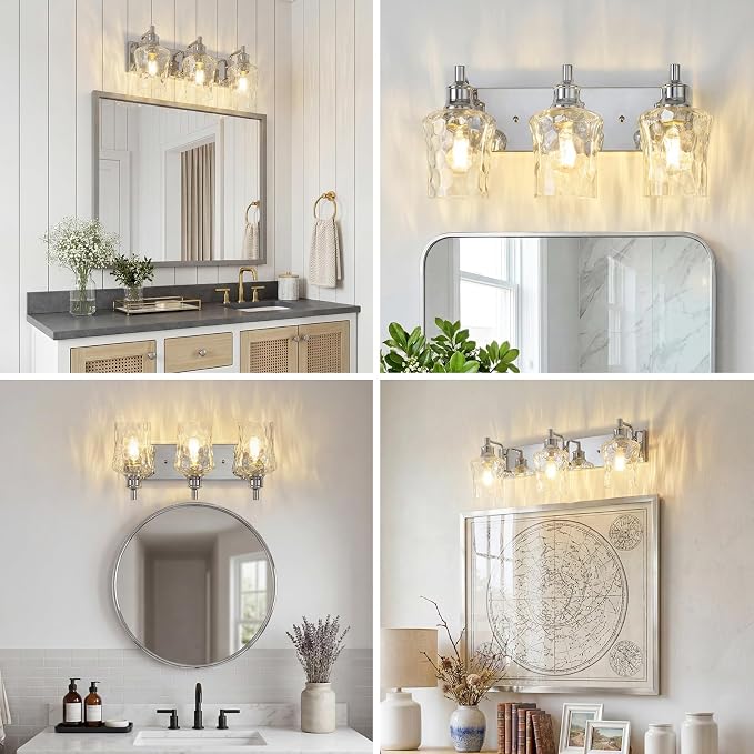 Farmhouse Chrome Vanity Light, 3 Light | Bathroom Lighting Fixtures, Over Mirror, Hammered Glass Lampshade, For Cabinet Mirror Bedroom Hallway