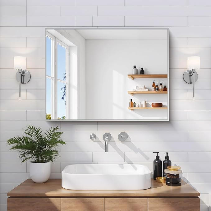 COFENY Silver Bathroom Mirror for Wall, 18x24 Inch Rectangle Mirror with Metal Frame, Modern Vanity Mirrors for Bathroom Living Room, Entryway Hangs Horizontal or Vertical