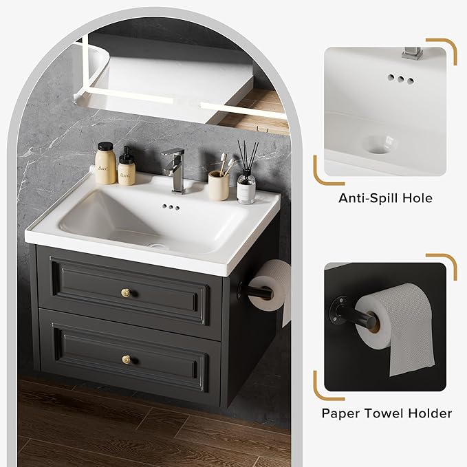 24" Bathroom Vanity with Sink, Floating Bathroom Vanity with with Marble Ceramic Basin Top and 2 Storage Drawers, Modern Storage Cabinet for Small Space, Black