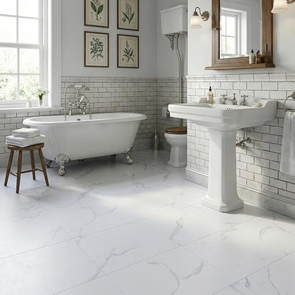 Peel and Stick Vinyl Floor Tiles | White Marble | 30 Tiles | Waterproof / DIY installation / Kitchen / Bathroom /RV /Living Room /Lobby /2.8m2