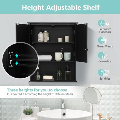COSTWAY Wall Mounted Bathroom Cabinet, Over The Toilet Storage Cabinet w/Double Doors & Adjustable Shelf, Wood Hanging Medicine Cabinet for Living Room, Entryway, Kitchen (Black) | Double Doors & Adjustable Shelf, Wood Hanging Medicine Cabinet for Livi...
