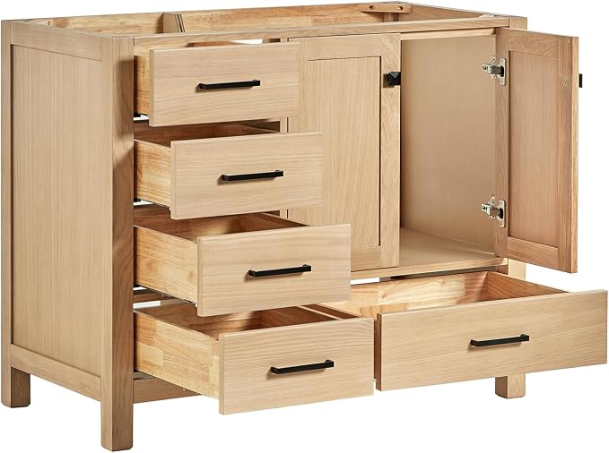 ARIEL Cambridge 42-inch Bathroom Vanity Base Cabinet,Solid Wood, 2 Soft Closing Doors, 5 Dovetail Drawers, White Oak