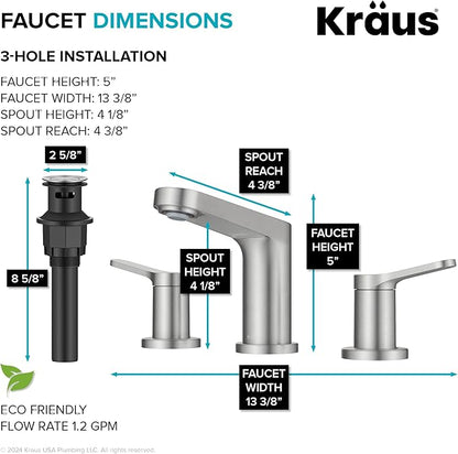 KRAUS Indy Widespread Bathroom Faucet in Spot-Free Brushed Nickel with 2 Handles, Pop Up Drain and Supply Lines, FUS-14103SFBN