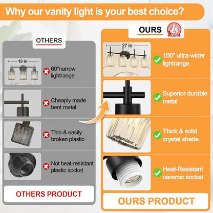 Matte Black 4-Light Crystal Bathroom Vanity Light, Modern Bathroom Light Fixture Over Mirror, Black Vanity Lighting for Bathroom, Bulbs Not Included