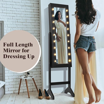 Jewelry Armoire with 18 LED Lights, Freestanding Jewelry Organizer with Full-length Mirror, Large Storage Mirrored Jewelry Cabinet with 16 Lipstick Holders, for Bedroom, Dressing Room (Black)