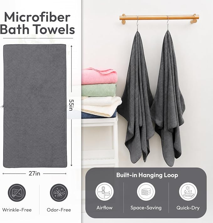 JML Bath Towels with Hanging Loop, 2 Pack, 27x55 in, Microfiber, Dark Gray | Soft, Super Absorbent, Quick Dry, Lint-Free & Fade-Resistant, Lightweight Bathroom Towel for Daily Use