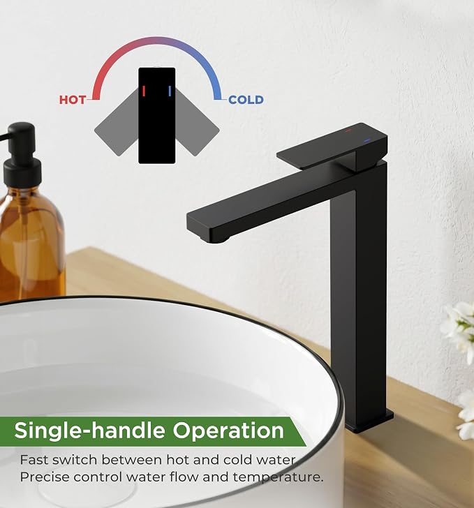 FORIOUS Vessel Sink Faucet Single Hole, Matte Black Tall Bathroom Faucets | For 1 or 3 Hole 4 Inch Centerset Sink, with Pop-up Drain, NSF61 Certificate, Single Handle Faucet for Sink Vanity RV Restroom