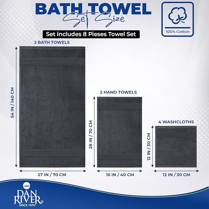DAN RIVER 8 Piece Luxury Bath Towels for Bathroom, Towel Set, Dark Gray | 2 Bath towels, 2 Hand towels, and 4 Wash Cloths, 600 GSM 100% Ring Spun Cotton, Highly Absorbent, Gym, Hotel, guest, and Spa