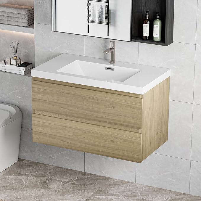 Floating Vanity Bathroom, 36 Inch Bathroom Vanity with Sink, Wall Mounted Single Sink Bathroom Vanity, Soft Closed 2 Drawers, Integrated Sink (Natural Oak)