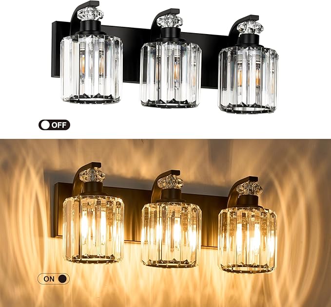 Black Bathroom Light Fixtures with K9 Crystal Lampshade Bathroom Lighting Over Mirror Vanity Lights for Living Room,Bedroom,Restroom,Hallway 3 Lights
