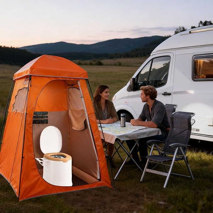 Portable Toilet for Camping, Indoor Outdoor Commode with 2 Detachable Inner Bucket, Removable Paper Holder, Toilet Brush, Travel Toilets for Camping, Hiking, Boat, Van, Emergency Use (Beige2)