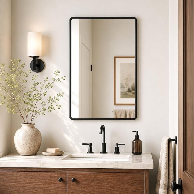 pertetey 36 x 30 in Rounded Rectangle Bathroom Mirror | Black Metal Frame, Tempered Glass, Wall Mounted