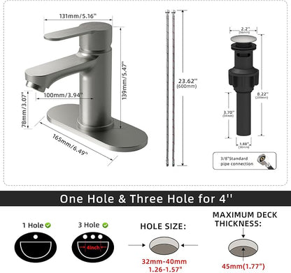 BELZ Nickel Bathroom Faucet, Lead-Free for 1 or 3 Hole 4" Vanity Sink | NSF372 Compliant,Anti-peeling PVD Finish,Includes Pop-up Drain & Hoses,Single Handle Modern Design, Easy DIY Install