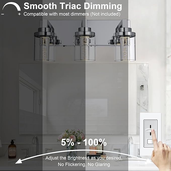 MELUCEE Modern LED Bathroom Vanity Light Bar Chrome, 5CCT Adjustable | Bubble Crystal Vanity Lights Over Mirror 3 Light Bath Wall Light Fixture with Clear Glass Shade, Built-In LED Chips