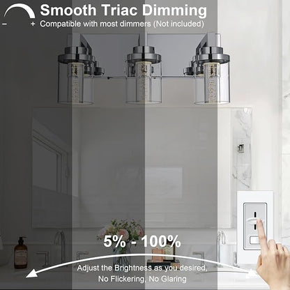 MELUCEE Modern LED Bathroom Vanity Light Bar Chrome, 5CCT Adjustable | Bubble Crystal Vanity Lights Over Mirror 3 Light Bath Wall Light Fixture with Clear Glass Shade, Built-In LED Chips