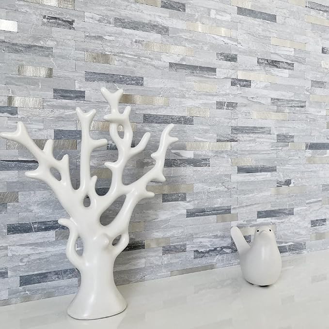 DICOFUN Peel and Stick Backsplash Wall Tiles, 1 Sheet Light Grey Faxu Stone PVC Mixed Metal Kitchen Backsplash Peel and Stick