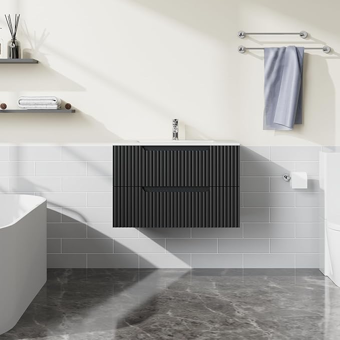 30 inch Wall Mounted Bathroom Vanity with Sink Floating Bathroom Cabinet Sink Combo, Soft-Close System, 2 Extra Big Drawers, Black