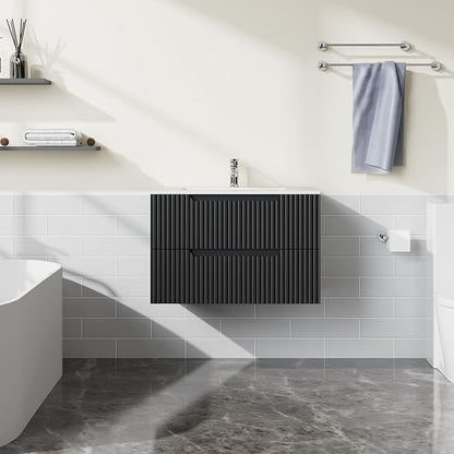 30 inch Wall Mounted Bathroom Vanity with Sink Floating Bathroom Cabinet Sink Combo, Soft-Close System, 2 Extra Big Drawers, Black