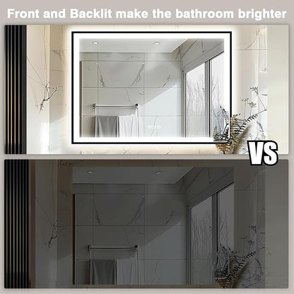 EchosLife 55x40 Bathroom Mirror with LED Lights - Black Framed | Black Frame, Front and Backlit, Anti-Fog, Stepless Dimmable, 3 Colors, Memory, Tempered Glass, UL Listed, Horizontal/Vertical