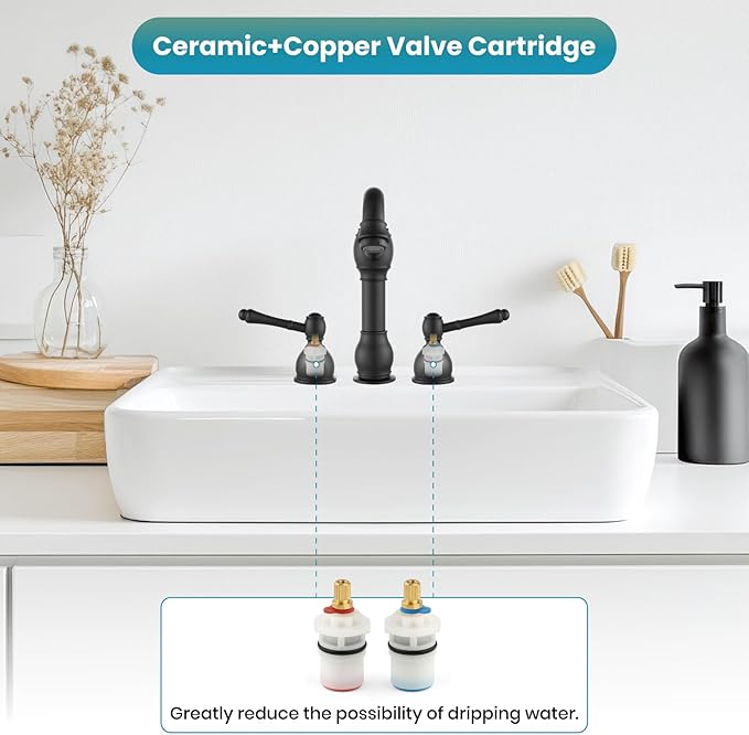 gotonovo 8 Inch Widespread Bathroom Faucets for Sink 3 Hole 2 Lever Handle Deck Mount with Pop Up Drain Hot and Cold Water Supply Lines Matte Black