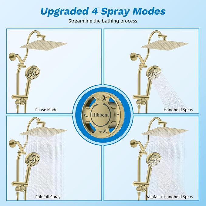 Hibbent High Pressue All Metal 10" Rainfall Shower Head, Handheld 10-Spray | cUPC Certified Brushed Gold Dual Showerhead Combo, 4-way Diverter with Pause Mode, Brass Extension Arm, 71'' Hose & Holder