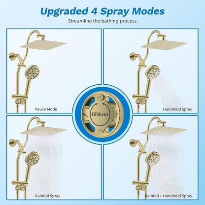 Hibbent High Pressue All Metal 10" Rainfall Shower Head, Handheld 10-Spray | cUPC Certified Brushed Gold Dual Showerhead Combo, 4-way Diverter with Pause Mode, Brass Extension Arm, 71'' Hose & Holder