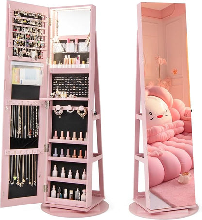CHARMAID 360° Swivel Jewelry Armoire with Full Length Mirror, Rear Storage Shelves, Lockable Standing Jewelry Cabinet Organizer with Interior Vanity Mirror and 3-Color Lights (Pink)