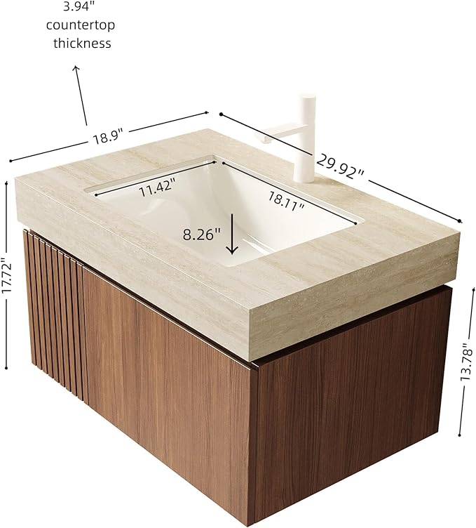 KEIKI 30 Inch Floating Bathroom Vanity with Sink, Modern Wall Mounted Storage Cabinet with Drawer, Pre-assembled Waterproof Wood Panels, Sintered Stone Top & Ceramic Basin Combo Set, Brown Oak & Beige
