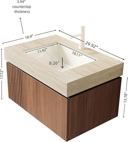 KEIKI 30 Inch Floating Bathroom Vanity with Sink, Modern Wall Mounted Storage Cabinet with Drawer, Pre-assembled Waterproof Wood Panels, Sintered Stone Top & Ceramic Basin Combo Set, Brown Oak & Beige