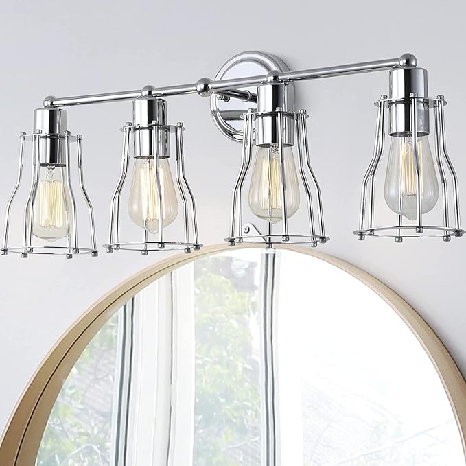JONATHAN Y 29.5" Chrome Modern Industrial Metal Vanity Light, Bathroom Sconce for Mirror, Reversible 4-Light Wall Lamp with Metal Cage Shade for Hallway, LED Bulb Included (JYL7418A)