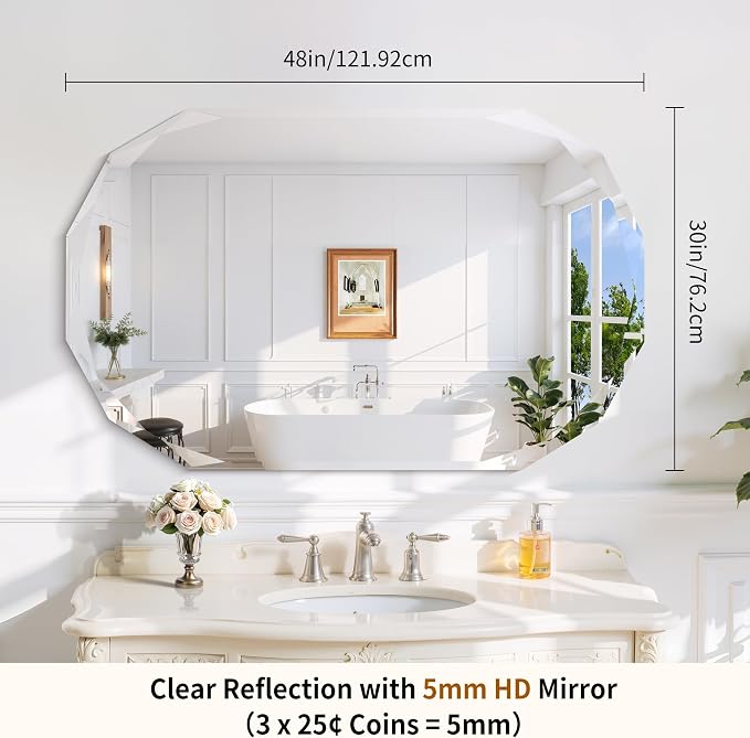 GLASHOM Frameless Bathroom Mirror, 30x48 inch Beveled Bathroom Mirror Wall Mounted, Modern Frameless Mirror for Bathroom, Living Room, Entryway Mirror Horizontal or Vertical