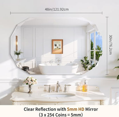 GLASHOM Frameless Bathroom Mirror, 30x48 inch Beveled Bathroom Mirror Wall Mounted, Modern Frameless Mirror for Bathroom, Living Room, Entryway Mirror Horizontal or Vertical