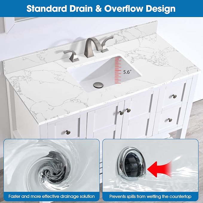 48 Inch Engineered Stone Bathroom Vanity Sink Top, with Undermount Rectangular Middle Sink, Vanity Countertop with 8 inch Faucet Hole Spacing and Backsplash in Lightning White