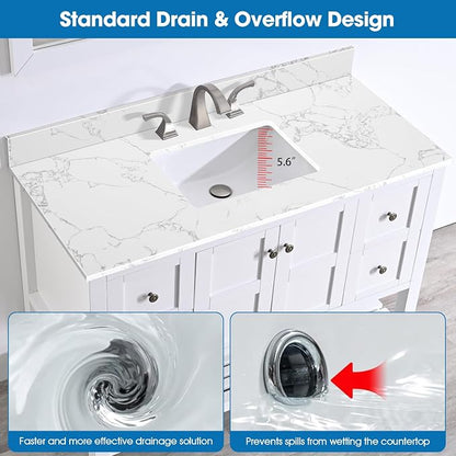 48 Inch Engineered Stone Bathroom Vanity Sink Top, with Undermount Rectangular Middle Sink, Vanity Countertop with 8 inch Faucet Hole Spacing and Backsplash in Lightning White