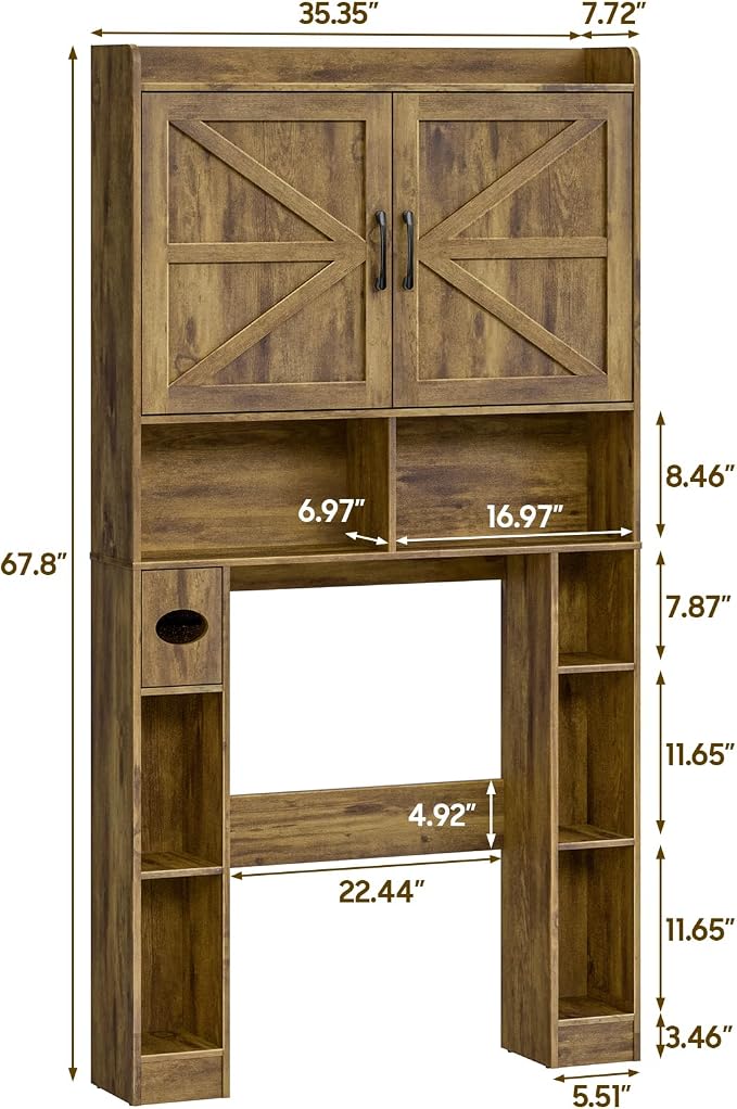Vabches Over The Toilet Storage Cabinet with Barn Doors, Brown | Toilet Cabinet Rack, Space Saving Bathroom Organizer with Shelves, Toilet Paper Holder and Towel Rack for Bathroom,Laundry.