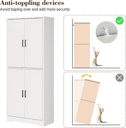 IDEALHOUSE Pantry Cabinet,70" Tall Kitchen Pantry Cabinet with 4 Doors and 3 Adjustable Shelves, Freestanding Cupboard, Modern Storage Cabinet for Bathroom, Dining Room, Living Room (White)