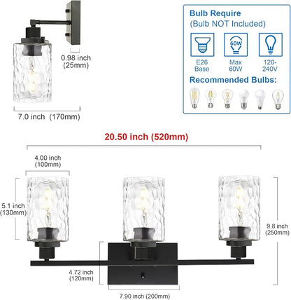 MELUCEE 3-Light Bathroom Light Fixtures Black Finish with Hammered Glass | Vanity Lights Over Mirror Industrial Wall Light Fixture Suitable for Living Room Porch Kitchen (Patent No.: US D963914 S)