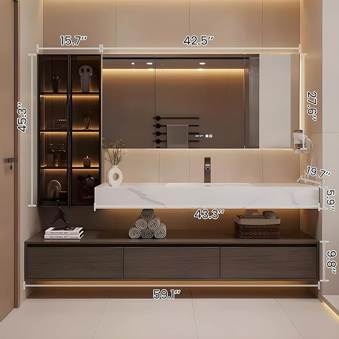 Bathroom Vanity, Floating Bathroom Sink Vanity, Modern Bathroom Vanities with Smart Defogging LED Mirror & Glass Side Cabinet, Wall Mounted Vanities for Restroom, Solid Wood (60in)