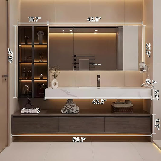 Bathroom Vanity, Floating Bathroom Sink Vanity, Modern Bathroom Vanities with Smart Defogging LED Mirror & Glass Side Cabinet, Wall Mounted Vanities for Restroom, Solid Wood (60in)