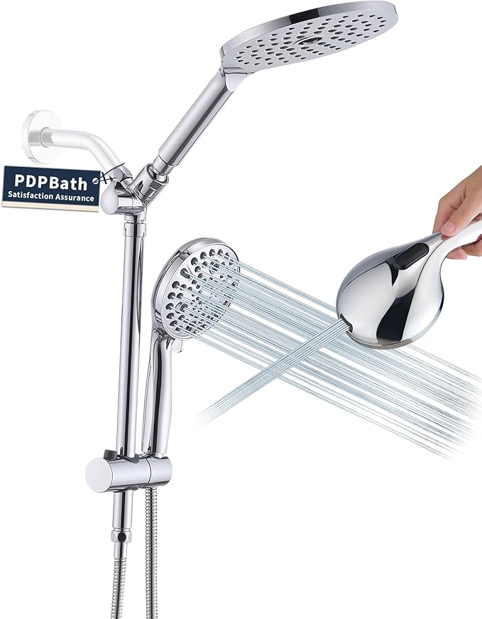 PDPBath High Pressure Rainfall Shower Head with Handheld Combo, 10 Setting Handheld Shower Head, Dual Handheld Shower Head Combo with Slide Bar for Easy Reach, Chrome