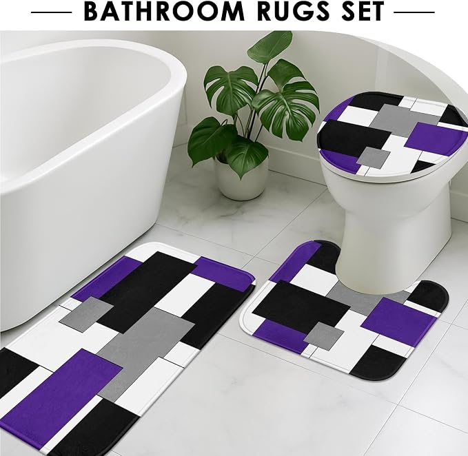 Bathroom Sets with Shower Curtain and Rugs, 4 Pcs, Geometric Purple | Abstract Modern Checkered Bathroom Decor Set with Toilet Lid Cover, Non-Slip Bath Mats and Accessories 12 Hooks